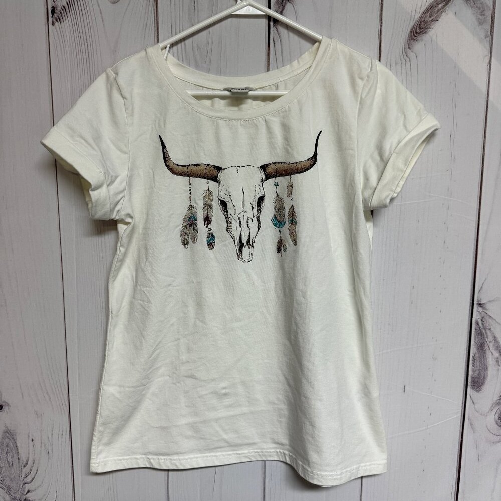 Ariat Cuffed Sleeve Graphic T-Shirt Medium Ivory EUC - Picture 1 of 12